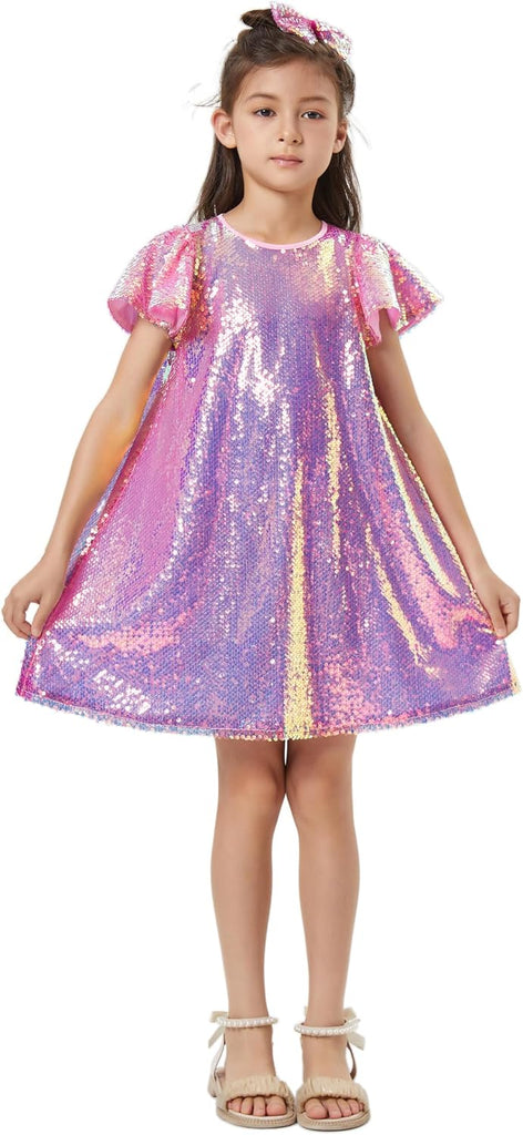 Sequin Dress Shiny Short Flutter Sleeve Midi Sparkly Party Dress with Hairbow