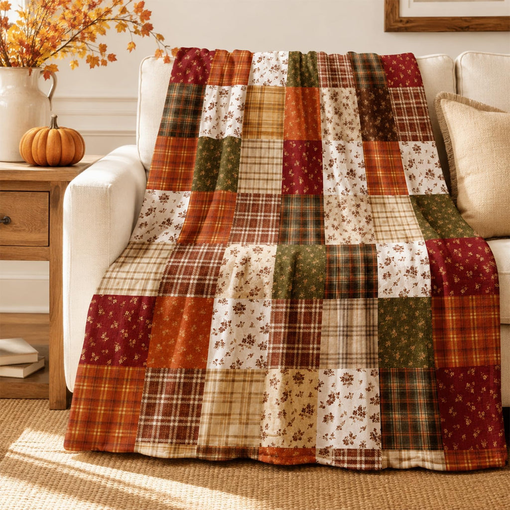 Fall Fuzzy Flannel Blanket, Patchwork Style, 60 x 50 Inch