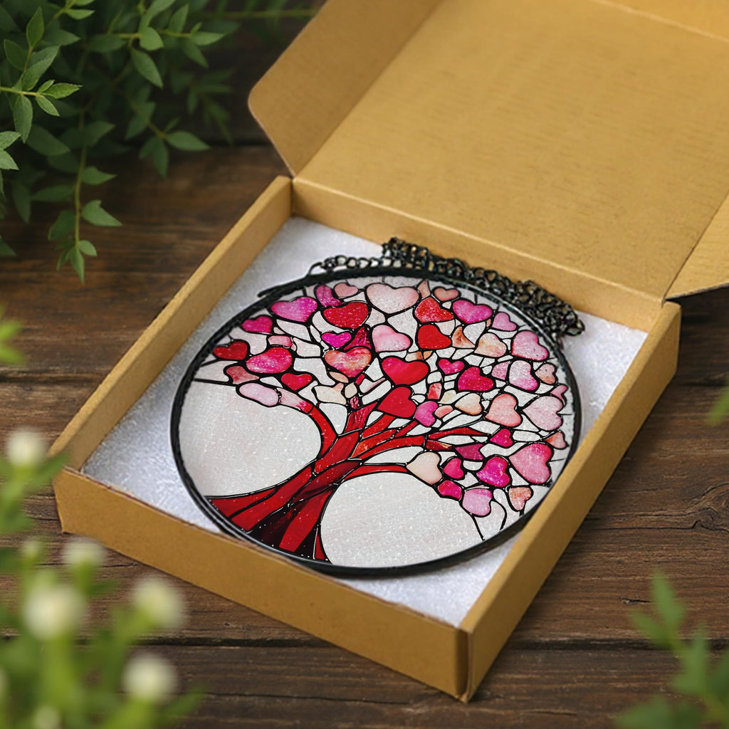 Stained Glass Window Hanging - 8 Inch Love Heart Tree Suncatcher, Sun Catchers Indoor Window | Valentine's Day