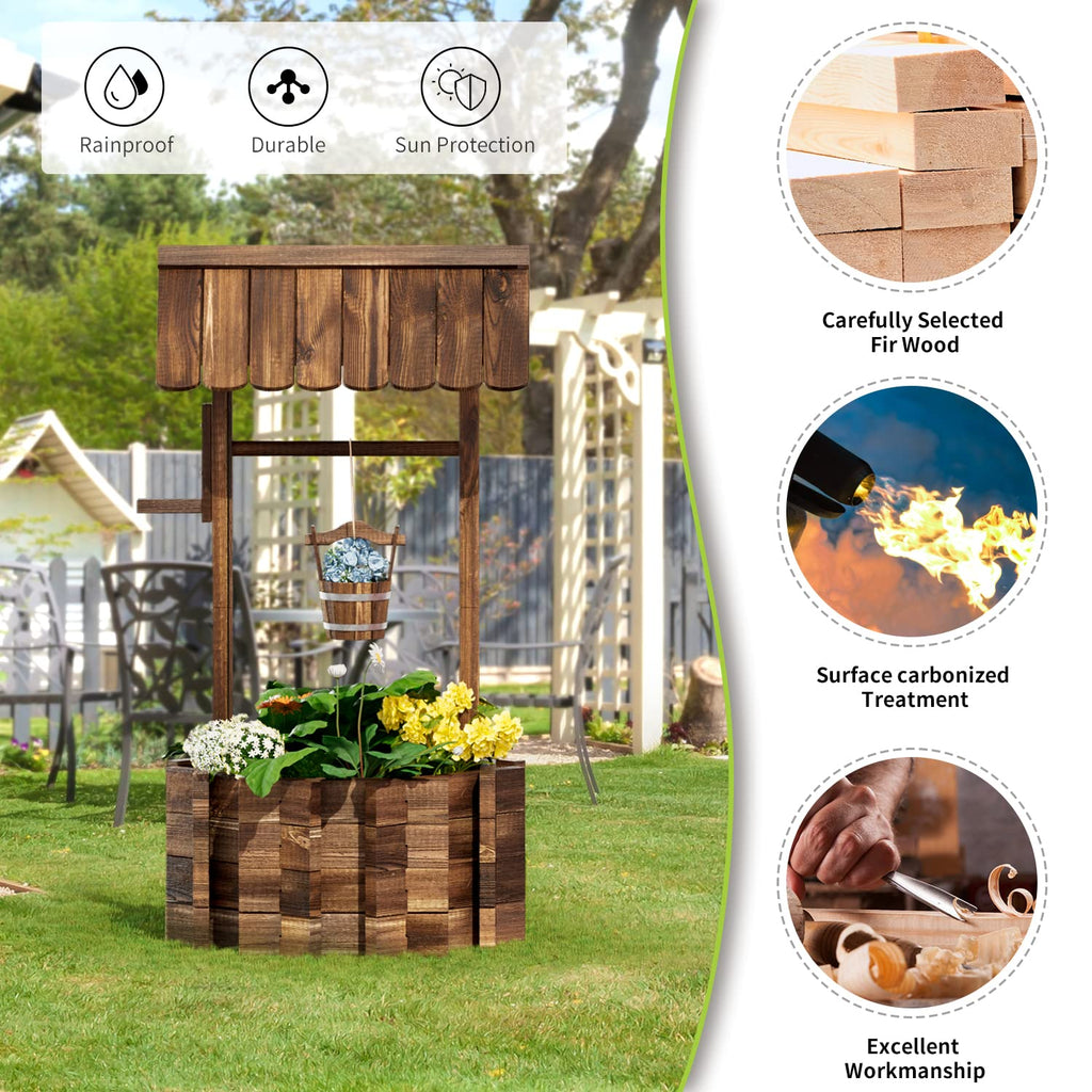 22" Wooden Wishing Well Planters with Hanging Bucket