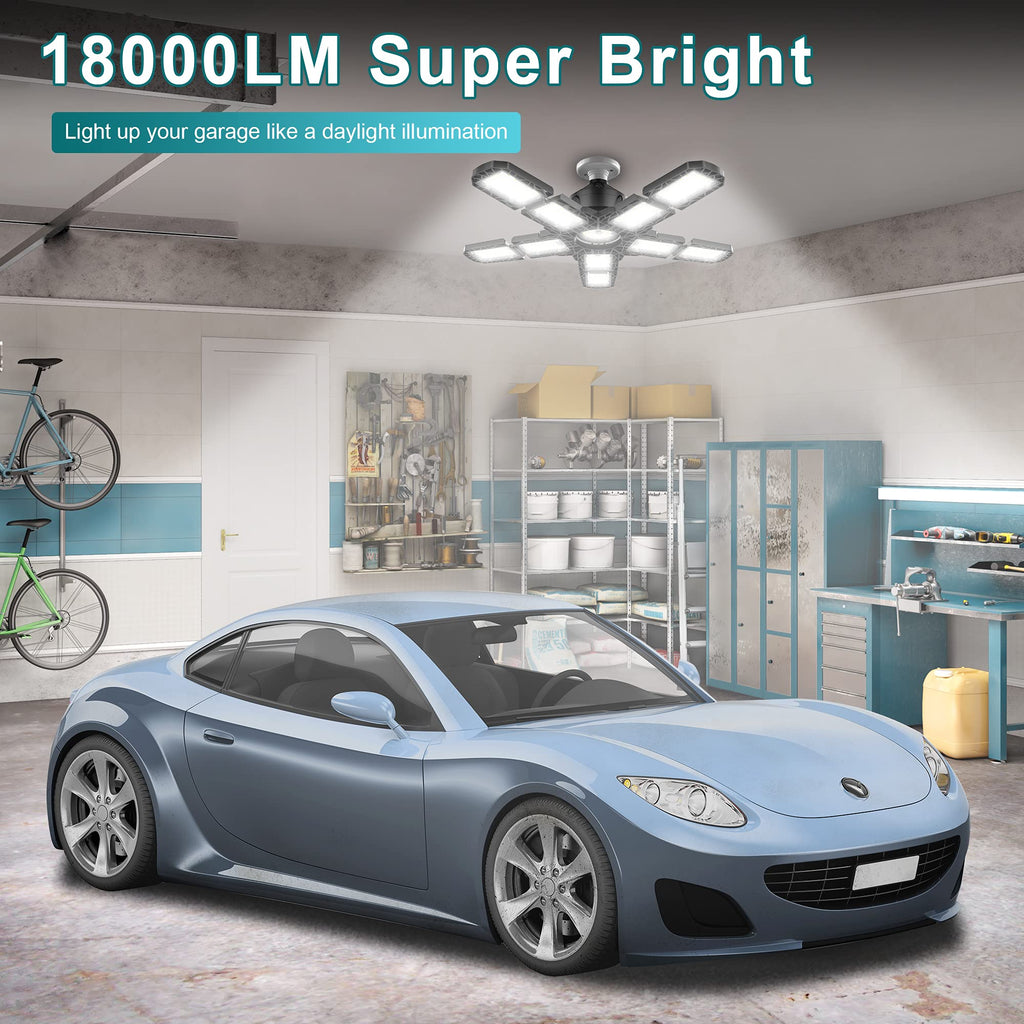 2-Pack Led Garage Light 180W, Garage Lights Ceiling LED with E26/E27 Medium Base, 6000K Deformable LED Shop