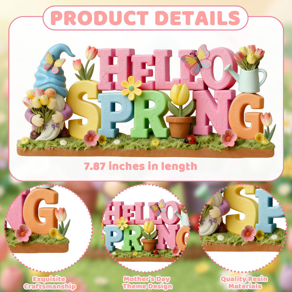 1 Pack Hello Spring Table Decoration Resin Spring Gnome Decorations Pastel Flower Table Sign Festive Floral Statue