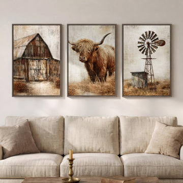 Framed Farmhouse Highland Cow Wall Art, Set of 3 20x30 In
