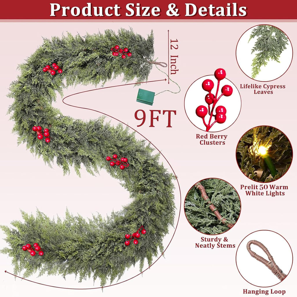 Timer & 50 LED - 9 Ft by 12 Inch Prelit Christmas Garland with Lights