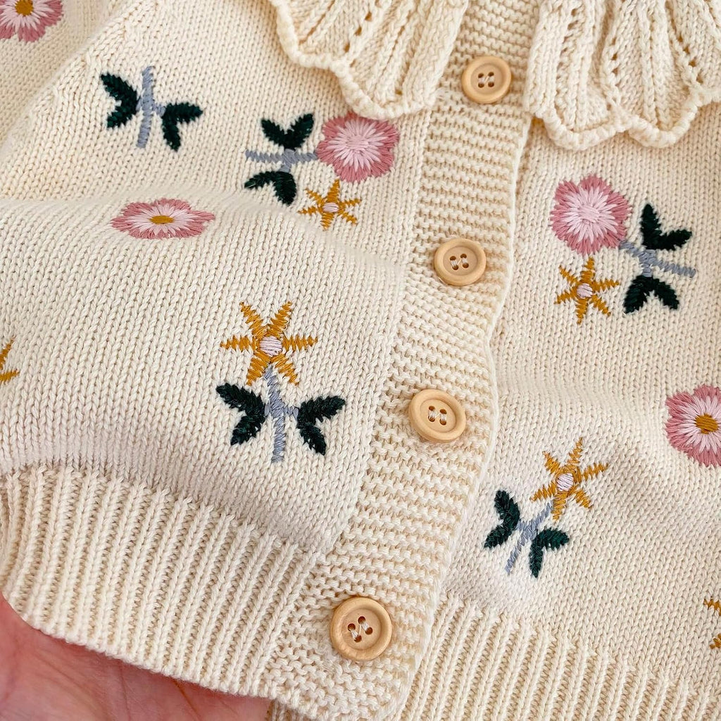 Baby Girls Flower Embroidered Lotus Leaf Collar Sweater Infant Cotton Cardigan