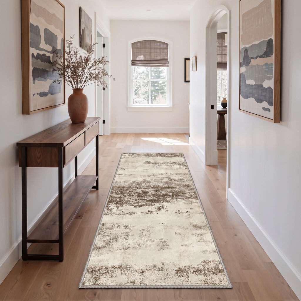 2x10 Antique Beige Abstract Runner Rug, Washable Non-Slip