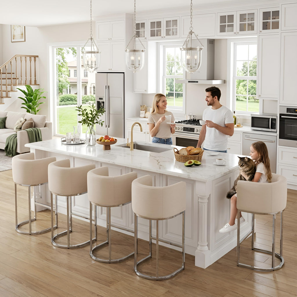 Modern Counter Height Linen Fabric Upholstered Counter Stools Set of 3, 29 Inch Cream Kitchen Island Stools with