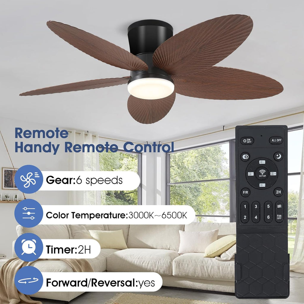 Palm Leaf Ceiling Fans with Lights-42 Tropical Ceiling Fan with Light and Remote/APP Control,Flush Mount Low Profile Ceiling Fans for Bedroom,Indoor/Outdoor Patio Use(Brown) A101-B0DLVRN4HL