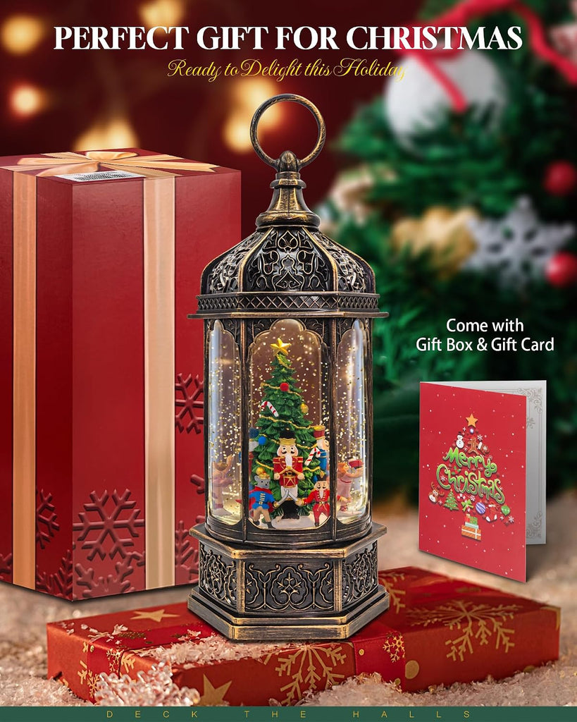 Christmas Snow Globes Musical Lantern with Timer, Nutcracker Figures Rotate with Music, Swirling Glitter Christmas