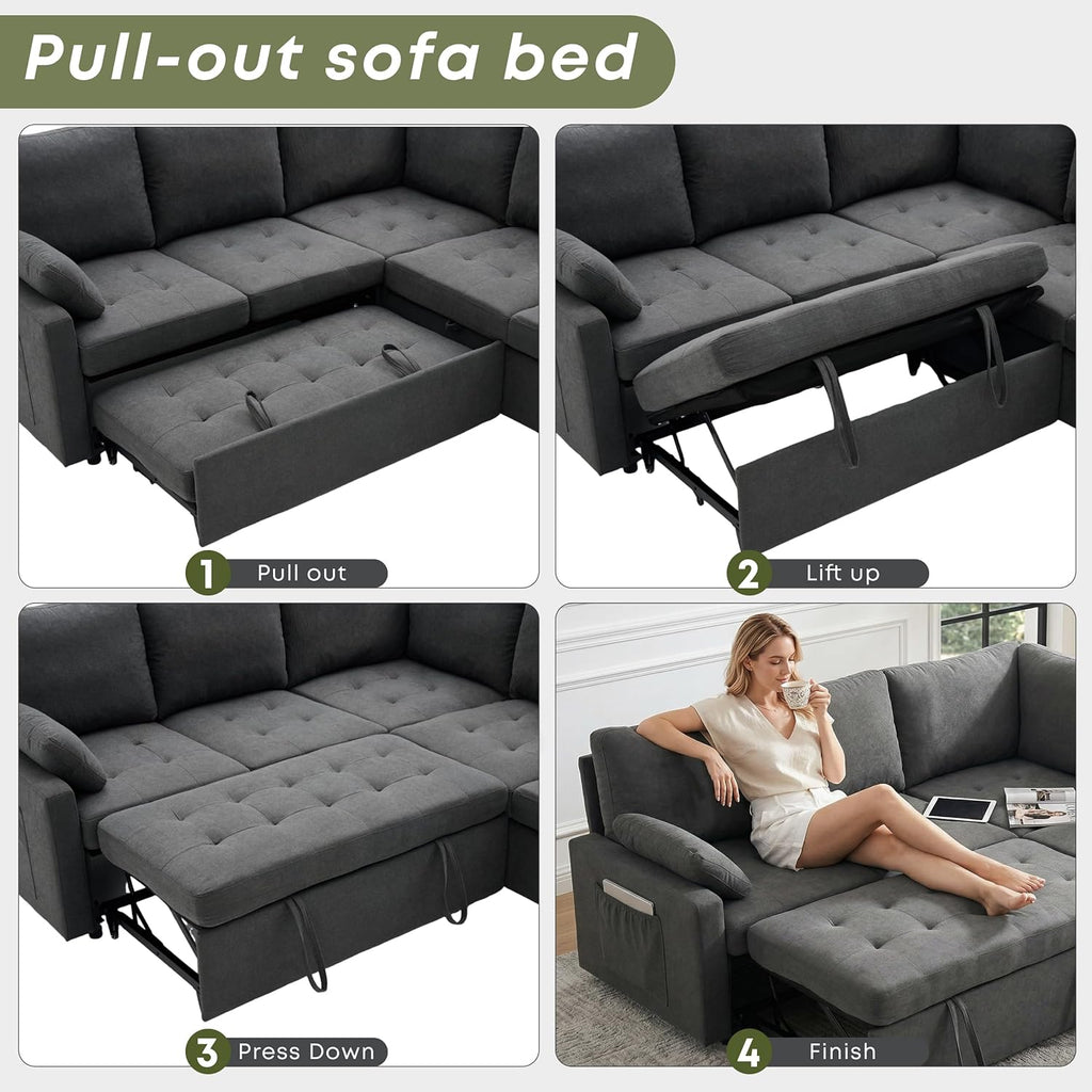 82" Pull Out Couch with Storage, Sleeper Sofa, 5 Seat L Shaped Sectional Couches , Modular Sectional Couch with