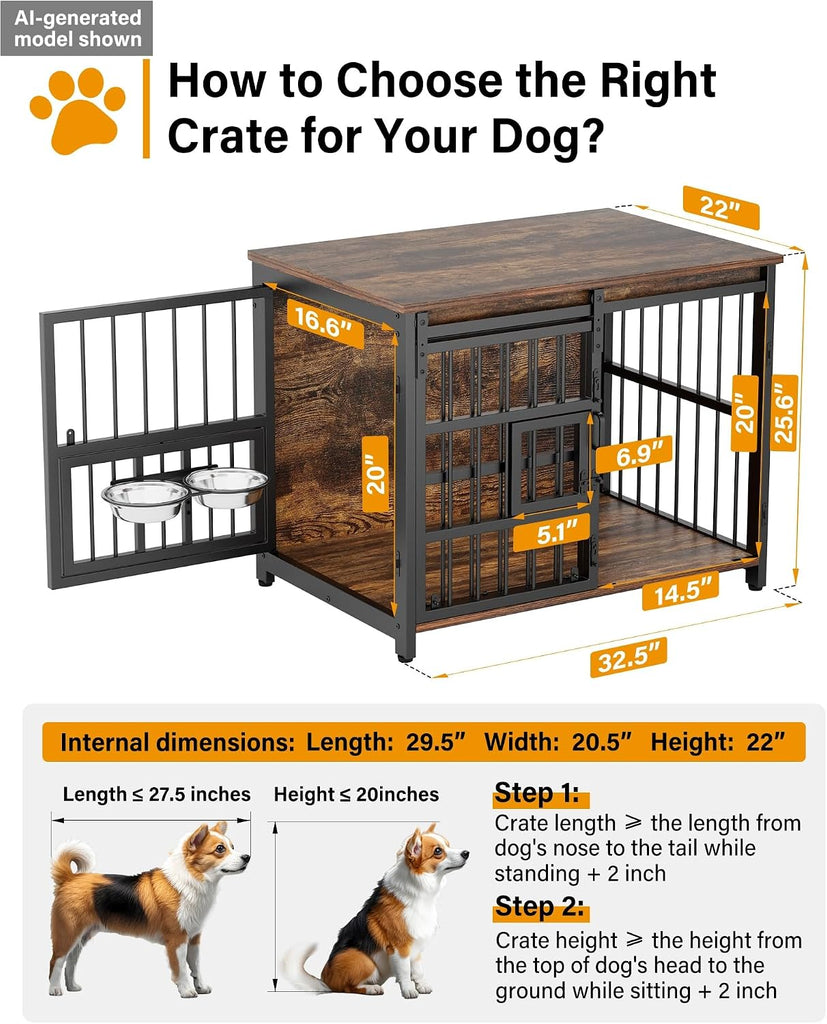 Dog Crate Furniture with Sliding Barn Door, 44"/39"/32" Decorative Dog Kennel Indoor with 2 Doors, Escape-Proof