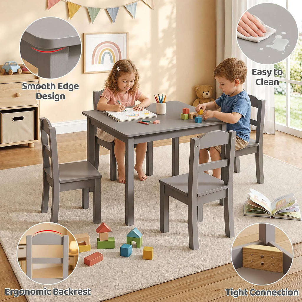 Wooden Kids Table and 4 Chairs, 26" L x 22" W, Graffiti, Grey