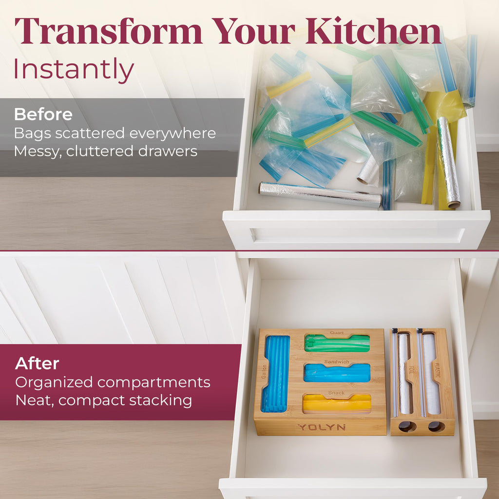 Bamboo Food Storage Bag Organizer for Drawer with Foil & Plastic Wrap Dispenser - Premium Detachable Kitchen