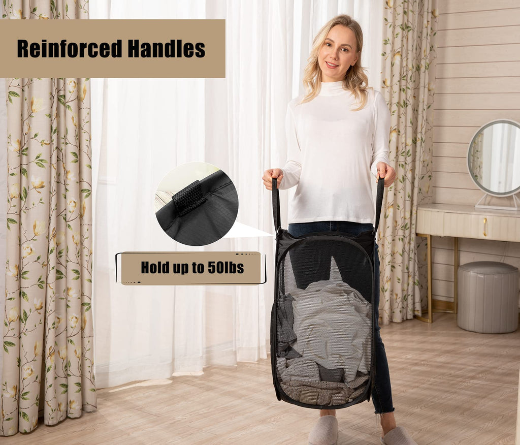 2 Pack Strong Mesh Pop Up Laundry Hamper, 70L Collapsible Laundry Basket with Steel Frame, Double‐Stitched Handles &