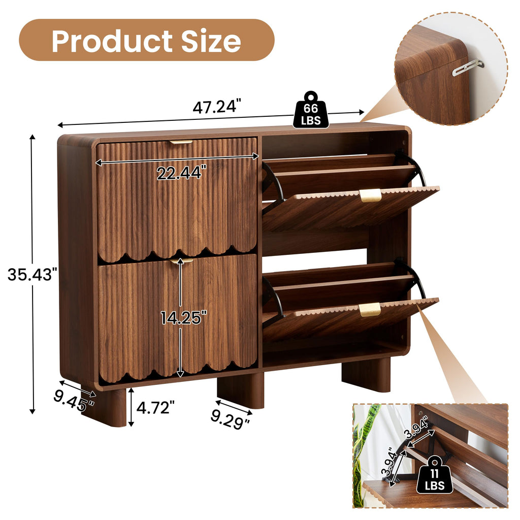 Fluted Narrow Shoe Storage Cabinet with 4 Flip Drawers, Walnut