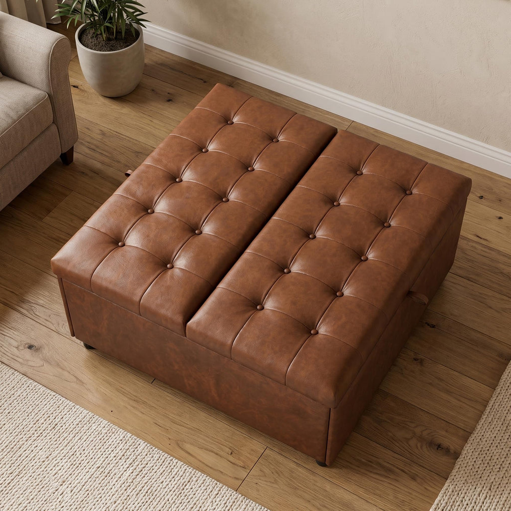 36 Inch Extra Large Brown Leather Lift Top Living Room Storage Ottoman