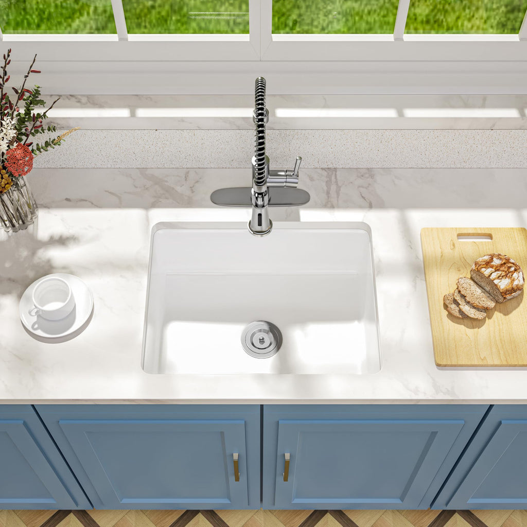 White Undermount Kitchen Sink -24 inch Undermount Porcela Sink Single Bowl Kitchen Sinks with Strainer