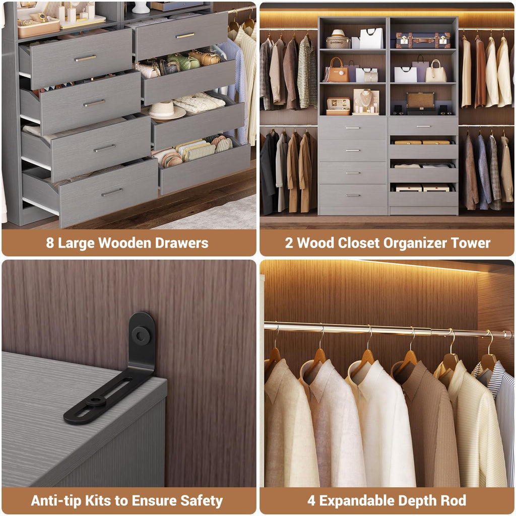 Closet System, 6-15Ft Closet Organizer with 8 Wooden Drawers