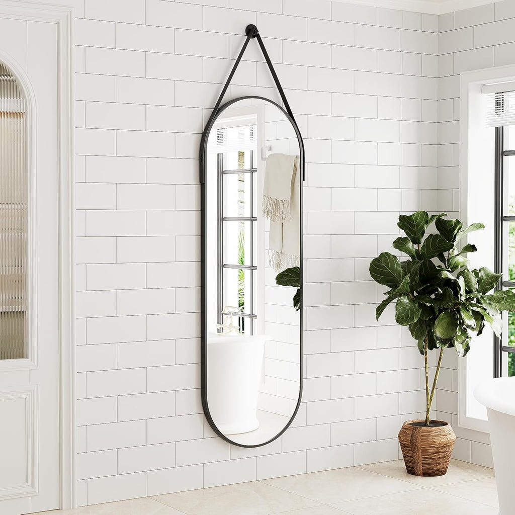 Full Length Mirror, Oval Wall Mounted Mirror, 48"x16" Door Mirrors Full Length with Hanging Leather Strap with