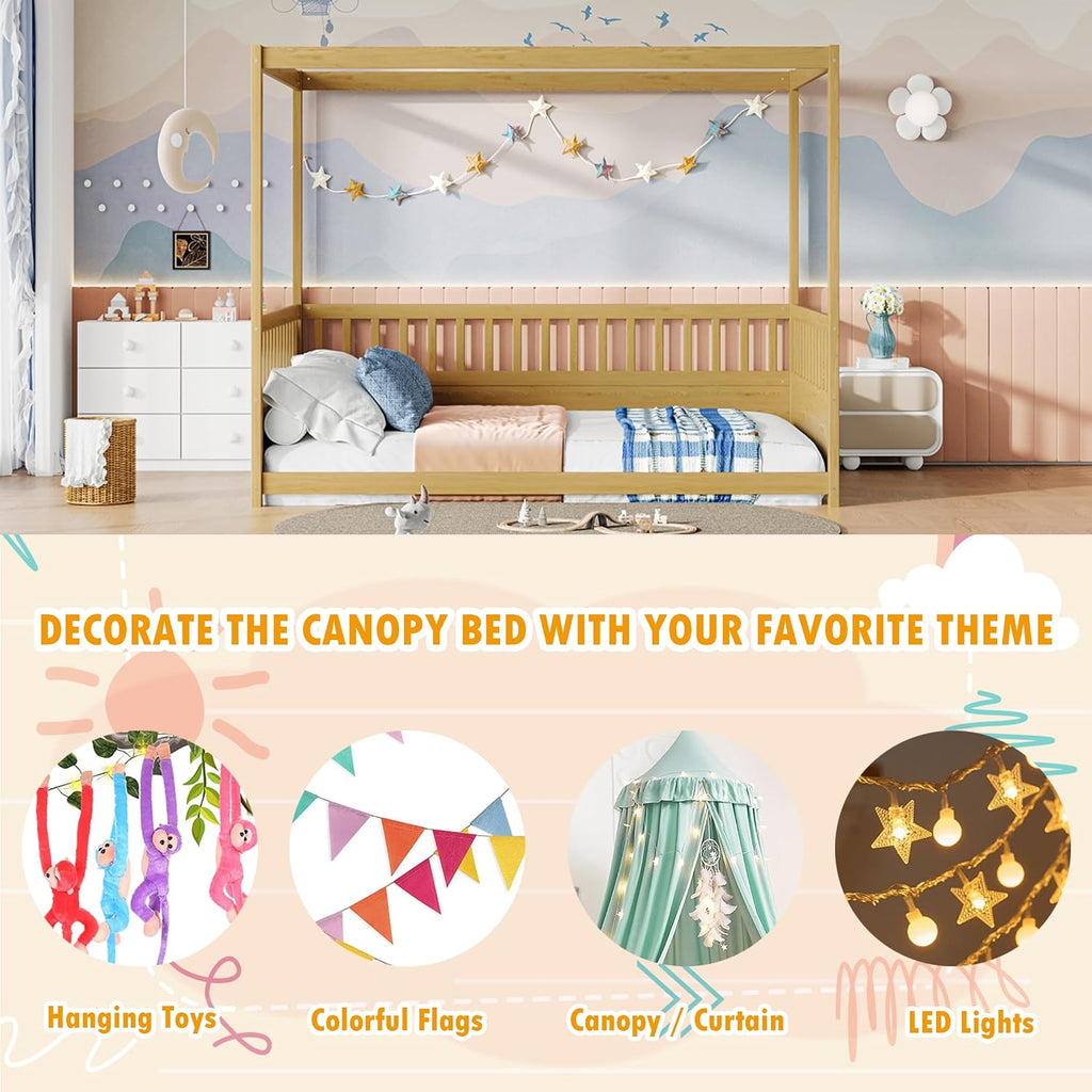 Canopy Bed Frame with 4 Posters and Guardrails, Montessori Floor Bed with High Fence, Natural