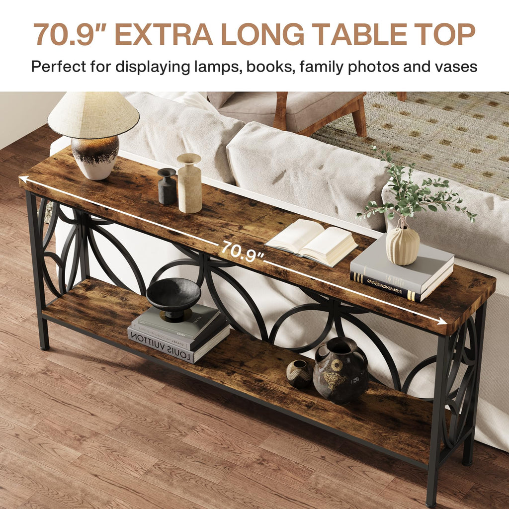 70.9-Inch Narrow Sofa Table, Industrial Long Sofa Table Behind Couch, Entry Console Table with Storage, Foyer