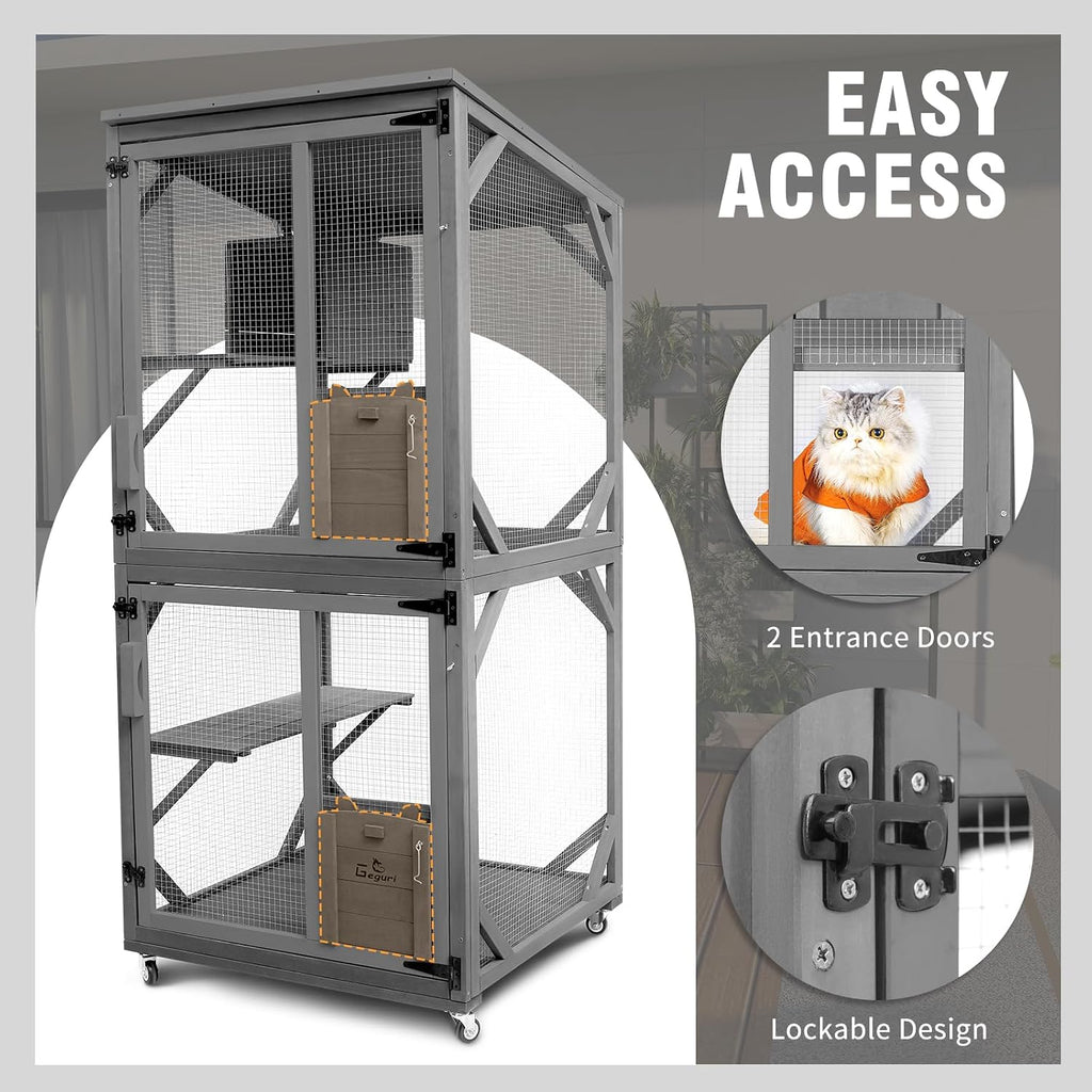 Cat Catio Outdoor Cat Enclosure, Large Wooden Kitten Patio Indoor with Upgraded Resting Box, Waterproof Roof