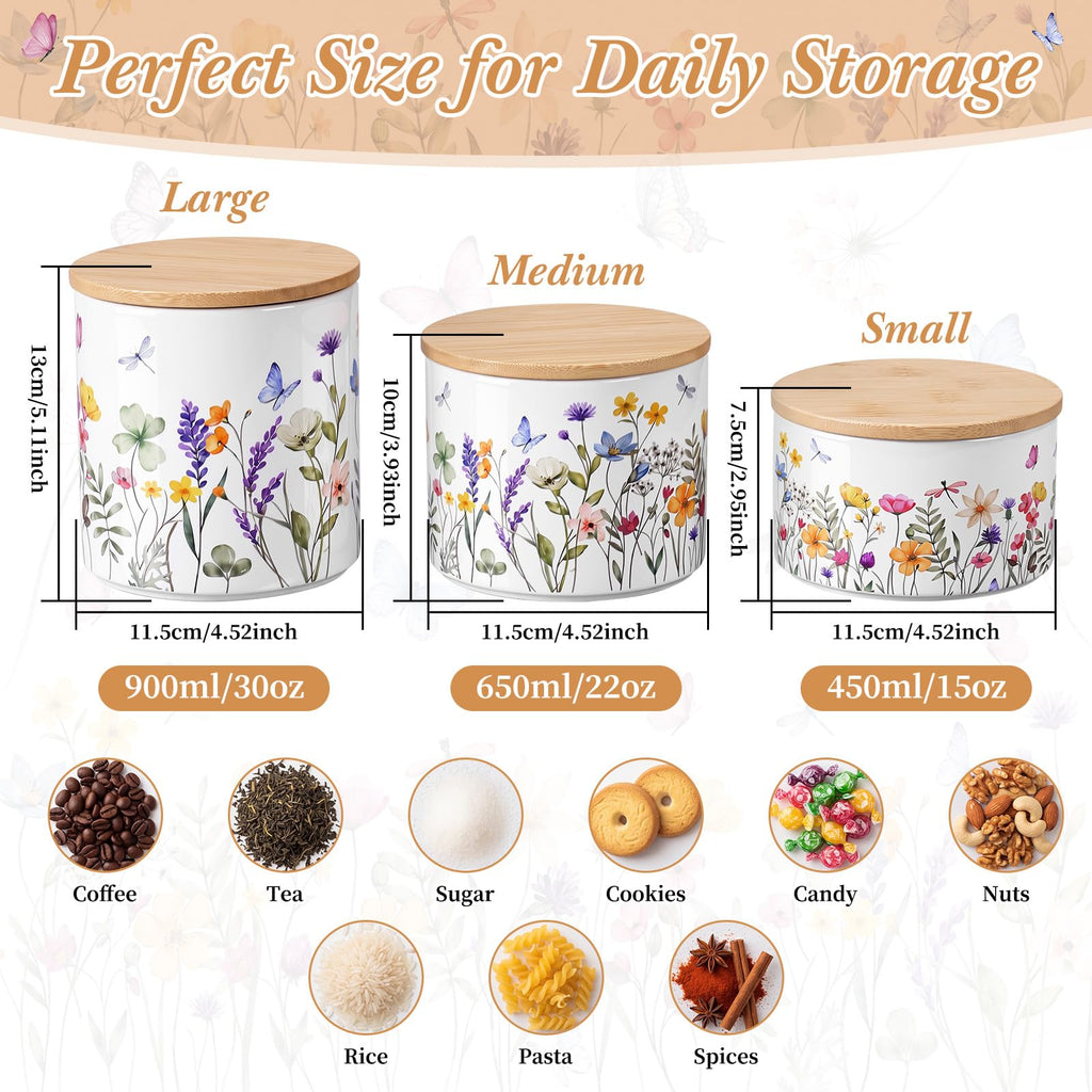 Floral Ceramic Canisters Set with Wooden Airtight Lids, Set of 3