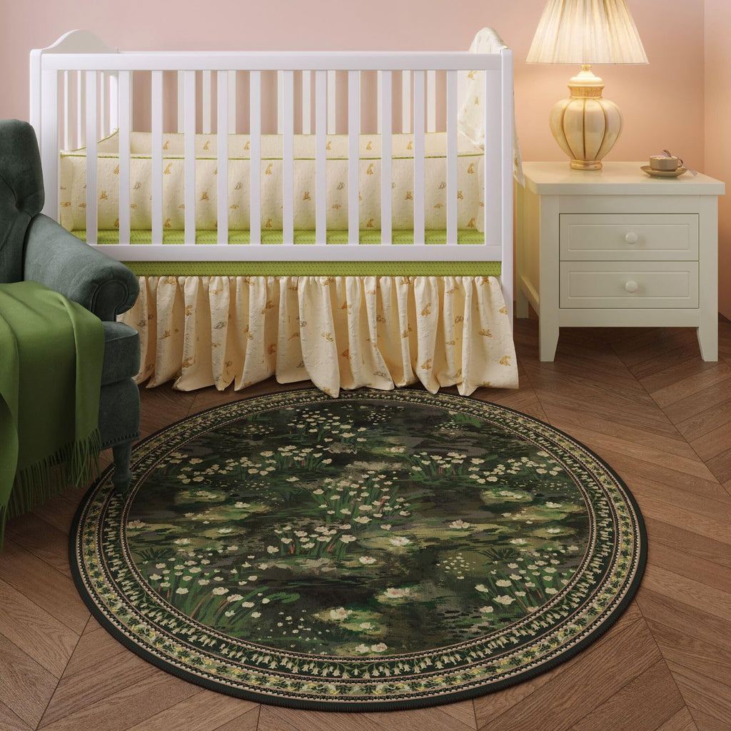 Round Area Rug 4ft Washable Vintage Impressionist-Style, Green