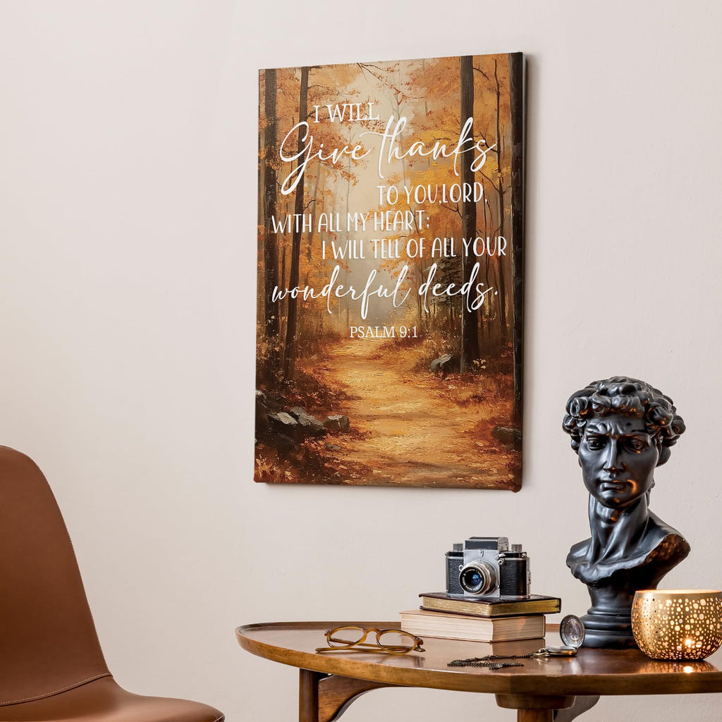 Fall Christian Wall Decor, Autumn Nature Forest Thanksgiving Bible Verse Framed Canvas Painting Wall Art Decor