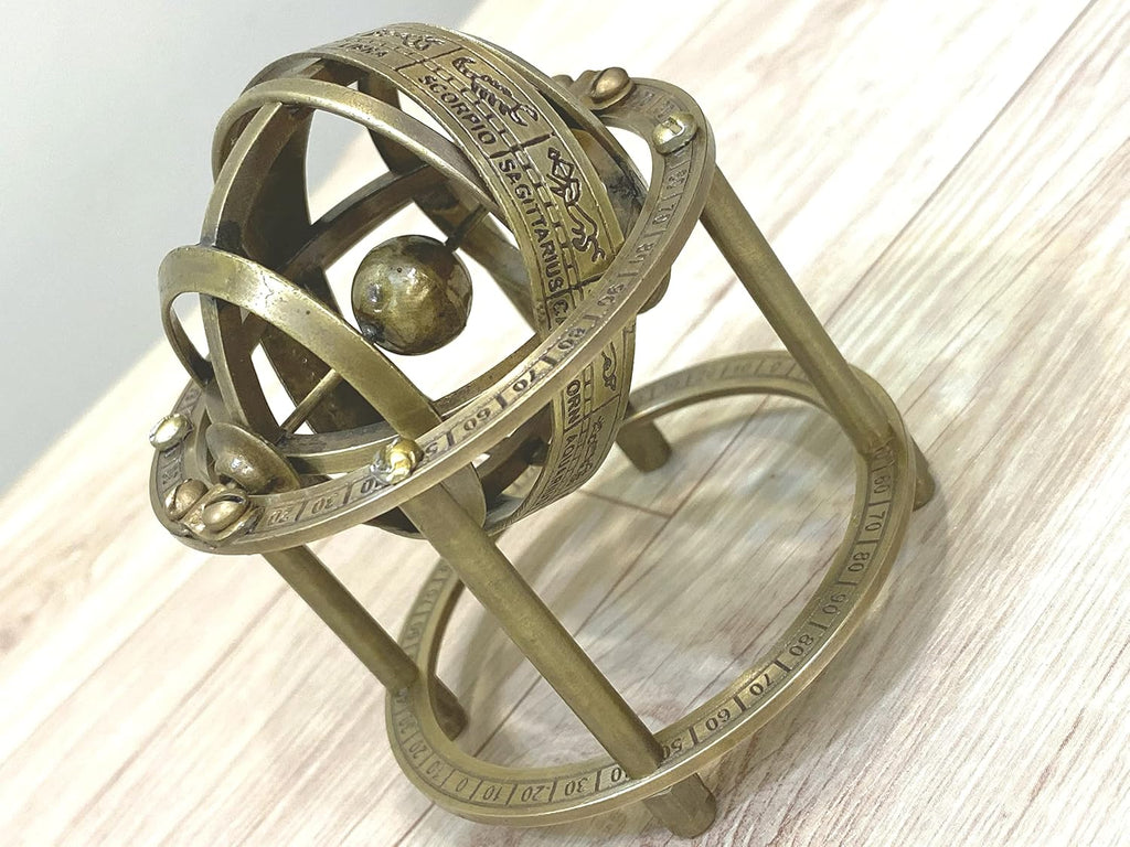 Zodiac Armillary Brass Sphere Globe Display 8" Wooden Base | Antique Vintage Earth Steampunk Pirate's Antique Ship