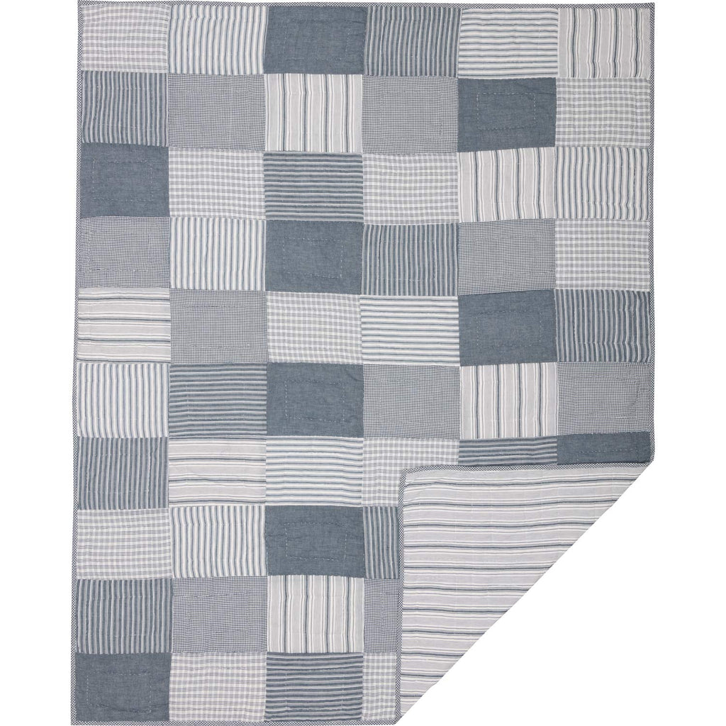 Sawyer Mill Blue Block Quilted Reversible Ticking Stripe Cotton Throw for Couch 60x50