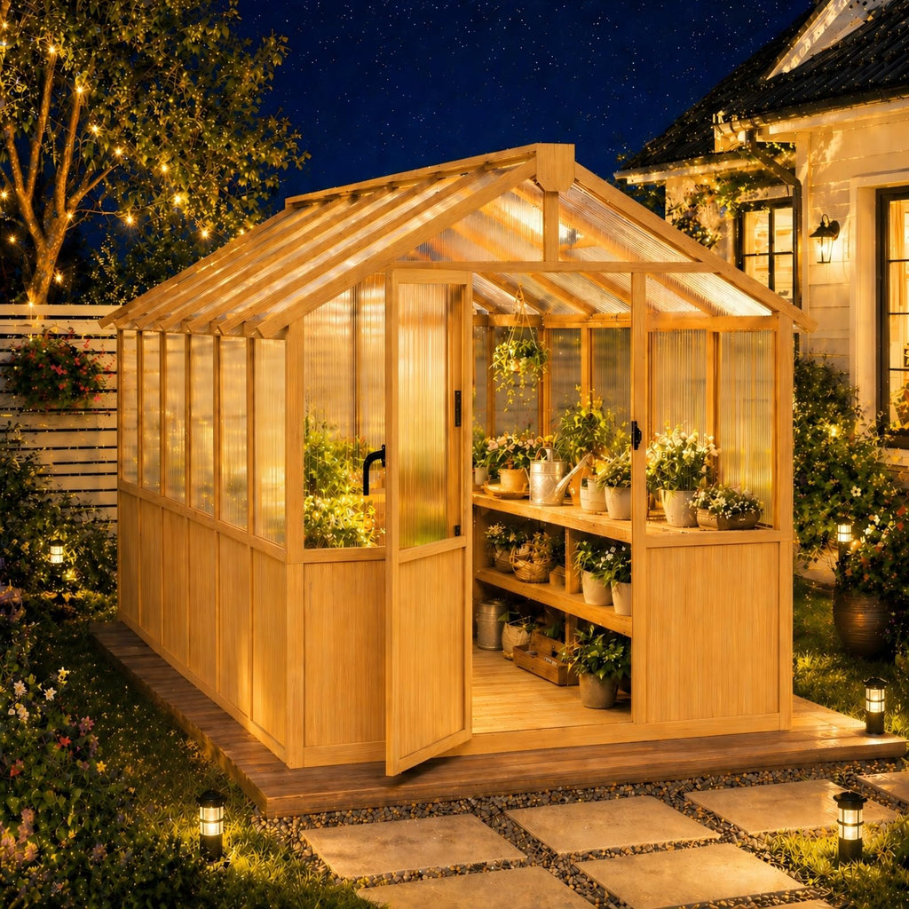 6x12 FT Wooden Greenhouse Outdoor, Heavy Duty Green House with Polycarbonate Panels, Adjustable Roof Vent, Walk-in