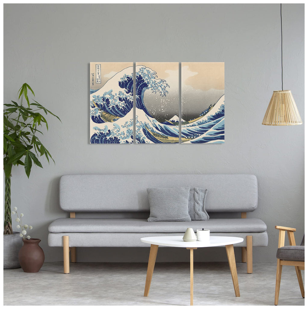 The Great Wave Off Kanagawa by Hokusai Cultural Historic 3 Panel wall Art Decorations Giclee Print On Canvas