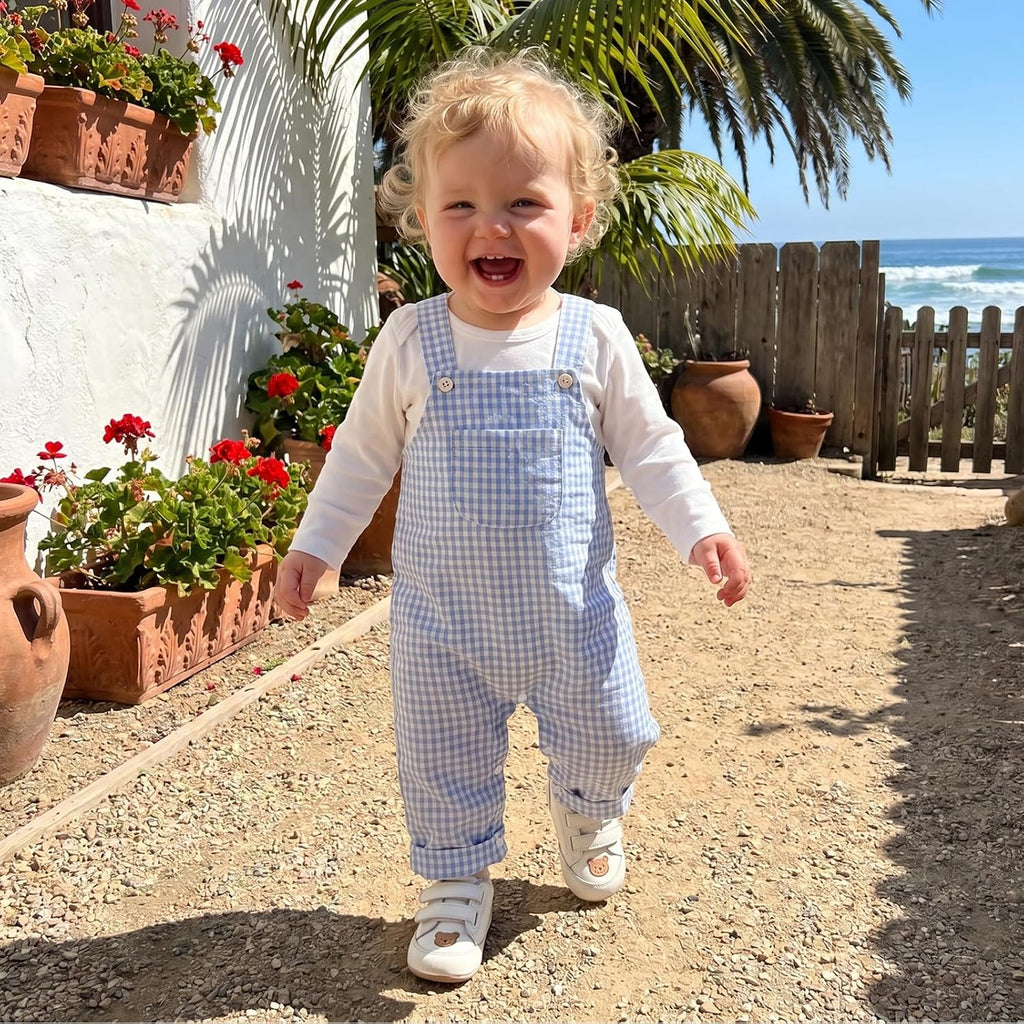 Newborn Infant Baby Boy Clothes Long Sleeve Romper Top Gingham Plaid Overall Pants Hat 3Pcs Fall Winter Outfits Set