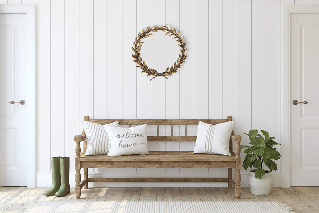Round Antique Gold Metal Laurel Wreath Wall Mirror
