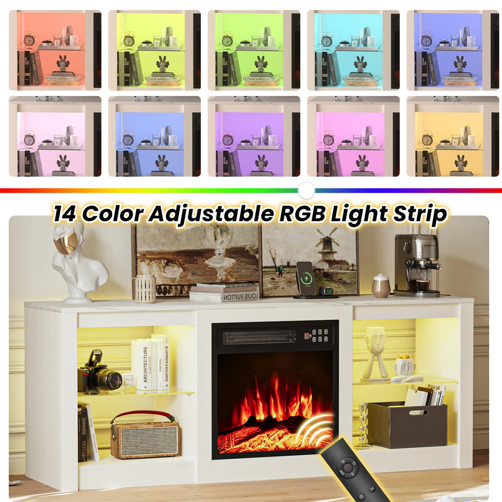 For 65" TV, TV Stand with 18" Electric Fireplace, Entertainment Center with Glass Shelves, LED Lights and Power