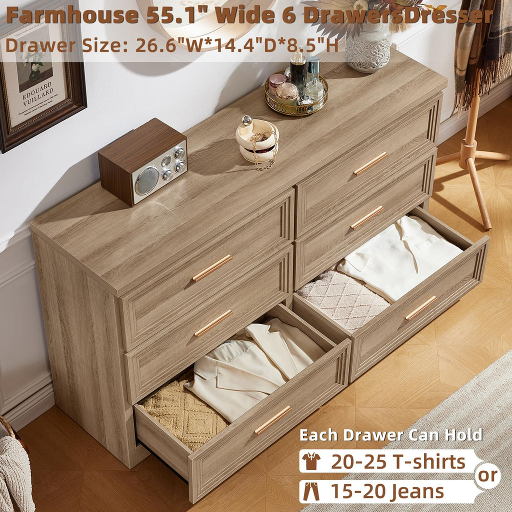 55.1" Wide Farmhouse 6 Drawers Dresser, Oak
