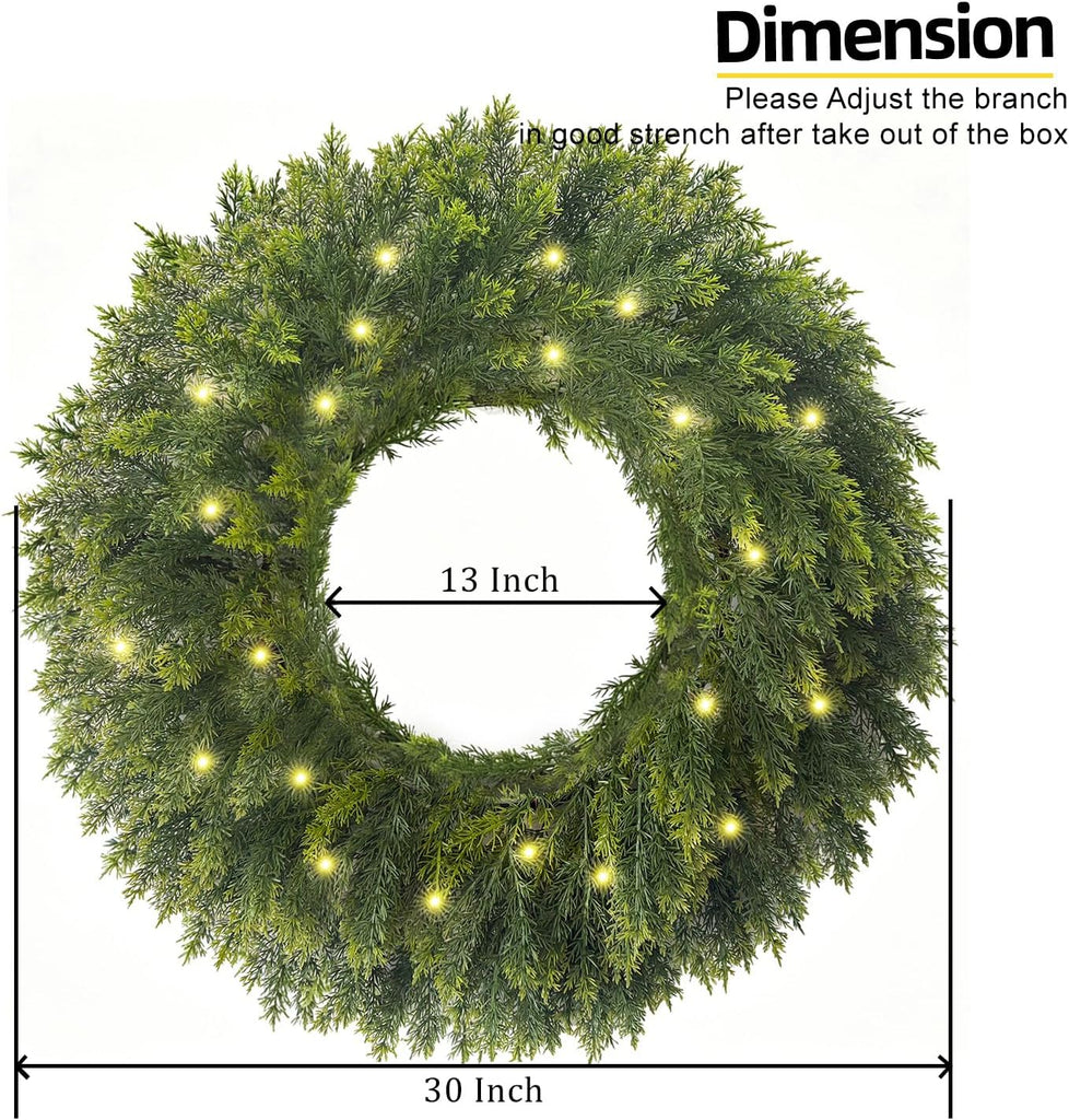 30 Inch Real Touch Lighted Christmas Cedar Wreath for Front Door | Artificial Greenery Foldable Wreath with Lights