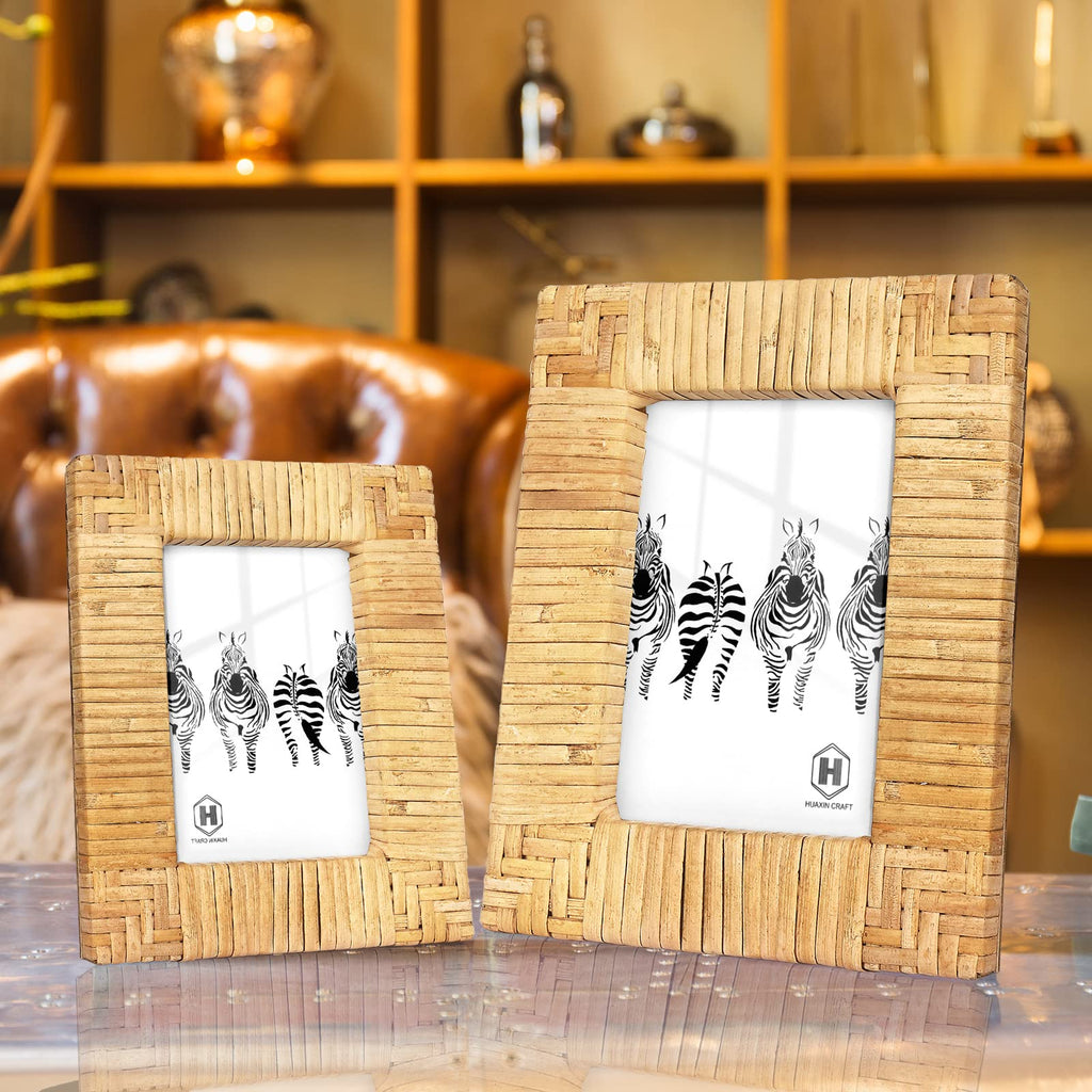 Rattan Picture Frame, 5x7 boho Photo Frame, Coastal Handmade Decor, High Definition Galss (5x7)