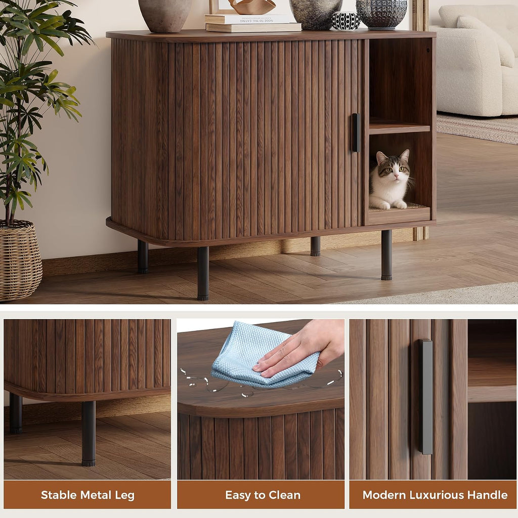 Cat Litter Box Enclosure, Kitty Hidden Litter Box Furniture with Scratch Pad, Modern Indoor Cat House, Sliding Door