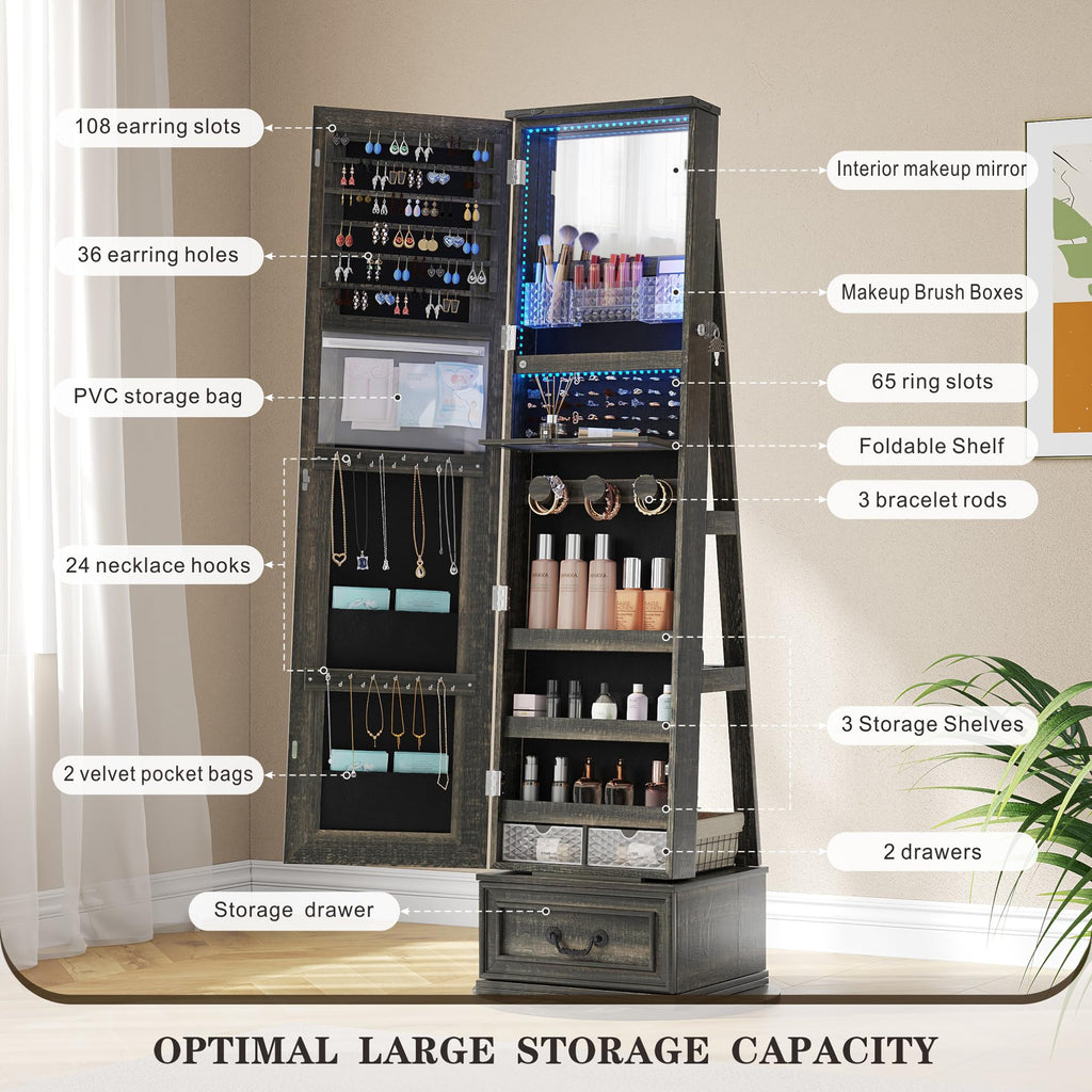 Jewelry Cabinet with Full Length Mirror, Lockable, Swivel, Brown