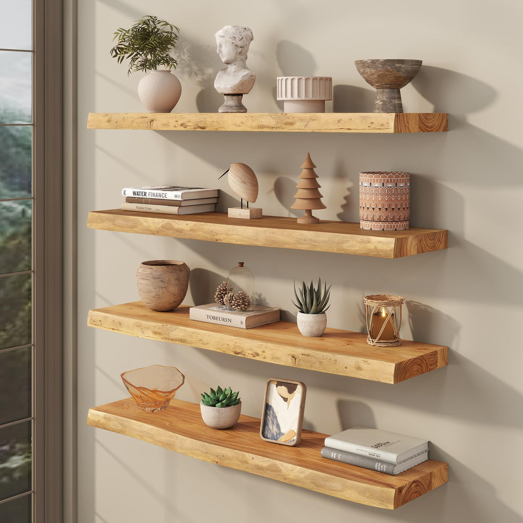 Live Edge Floating Shelves for Wall, 36 Inch Solid Elm Wood Shelves
