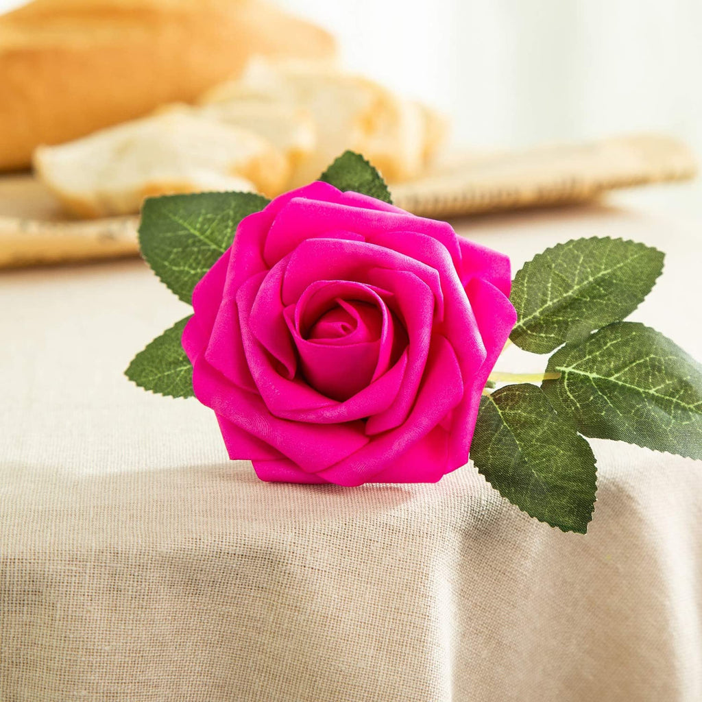 Artificial Flower Foam Hot Pink Rose 50pcs Real Looking Fake Rose with Stems Leaves Decoration Party Garden
