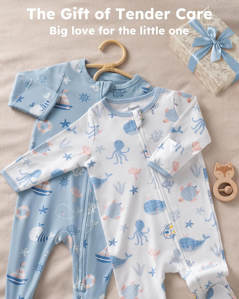 Sleepers 100% Cotton Footie Pajamas, 0-3 3-6 with Way Zipper, 2pcs PJs Baby Boy Clothes
