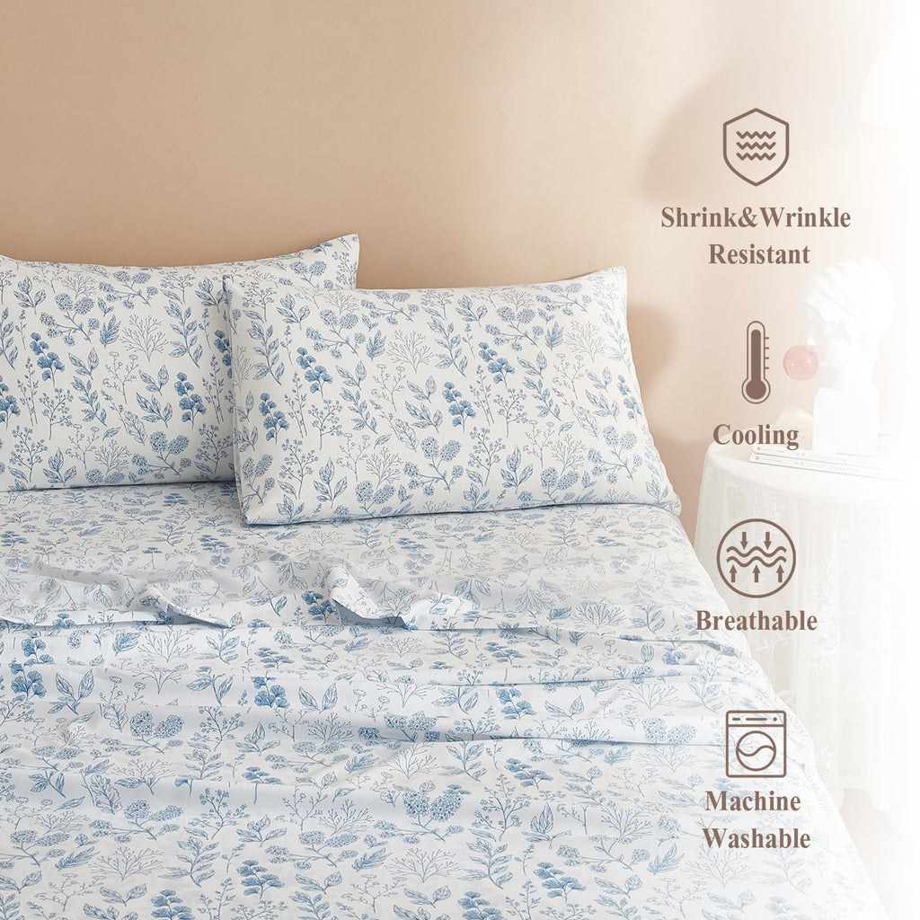 3 Piece Bed Sheets Set Twin XL Sheets White - Extra Soft Blue Floral Sheet Deep Pocket 16" - Luxury Soft Twin XL
