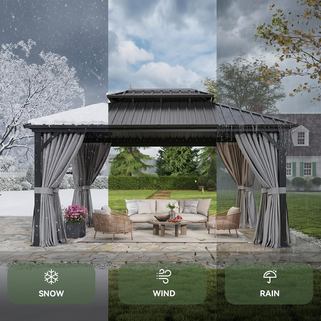 12Ft X 16Ft Hardtop Gazebo, Aluminum Metal Outdoor Gazebo with Breathable Netting and Curtains