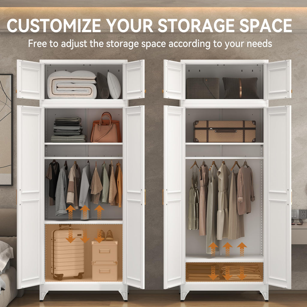 86" Tall White Metal Armoire Wardrobe Closet with Hanging Rod