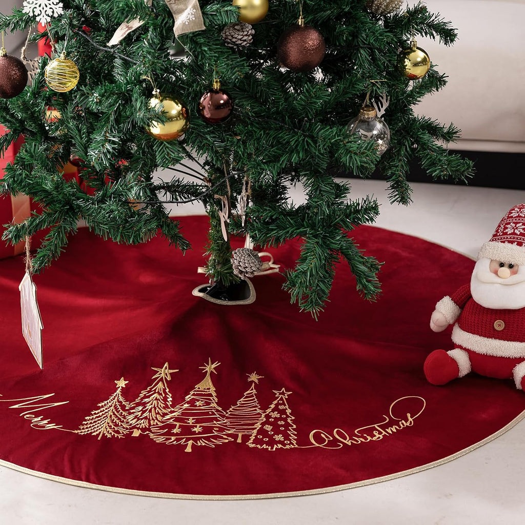 50 Inch Red Velvet Christmas Tree Skirt, Tree Embroidery