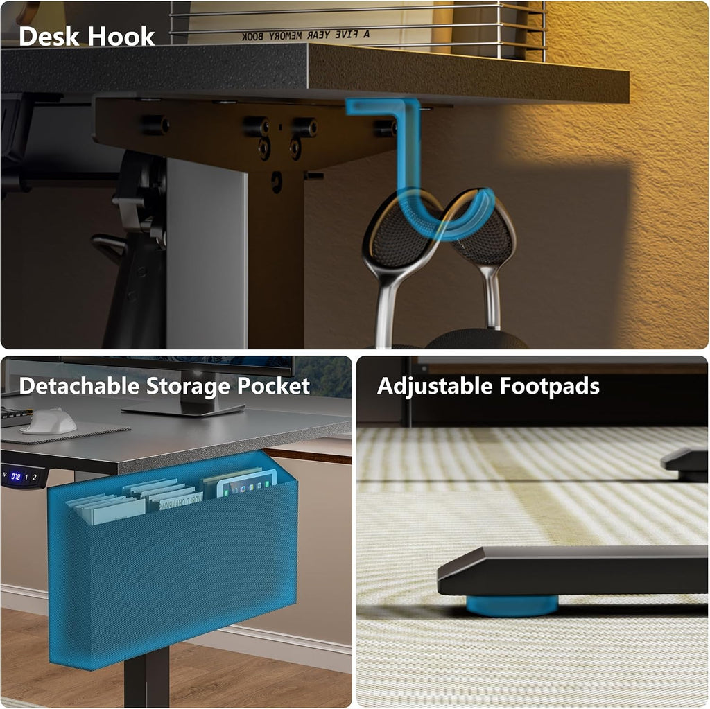63" L Shaped Standing Desk, Height Adjustable, LED, Memory Presets | Reversible, Ergonomic Sit to Stand Computer Desk
