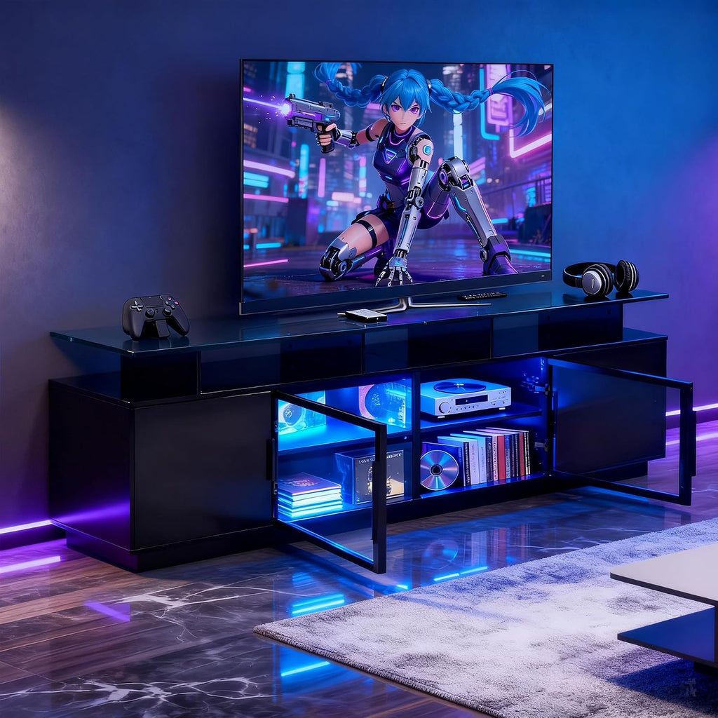 70 Inch Black TV Stand for Living Room, LED Entertainment Center for Gaming, Modern TV Cabinet Console, Transparent